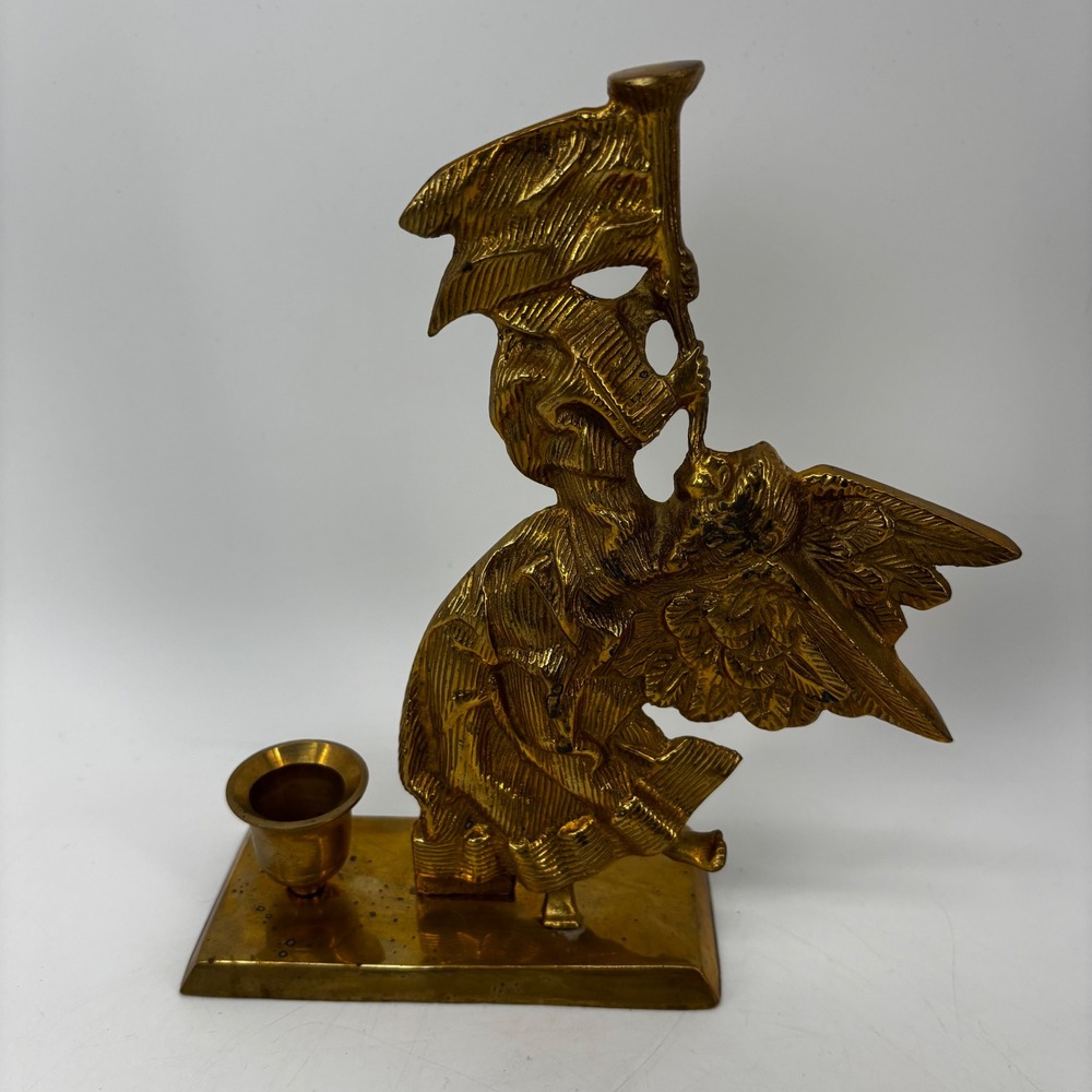 Vintage Brass Angel Trumpet Candle Holder Made in India Gold Tone Taper Stand